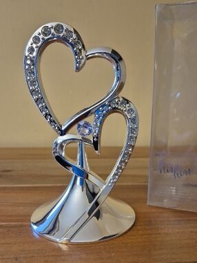 NEW His & Hers Double Heart Silver Metal Wedding / Anniversary Cake Topper